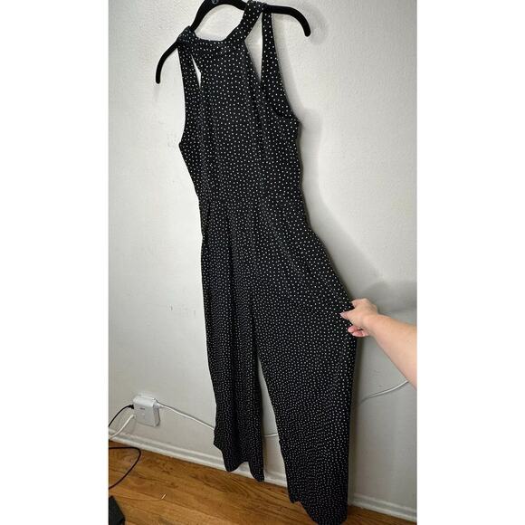 Audrey Halterneck Black White Polka Dot Open Tie Back Pleat Wide Leg Jumpsuit S - Picture 1 of 16